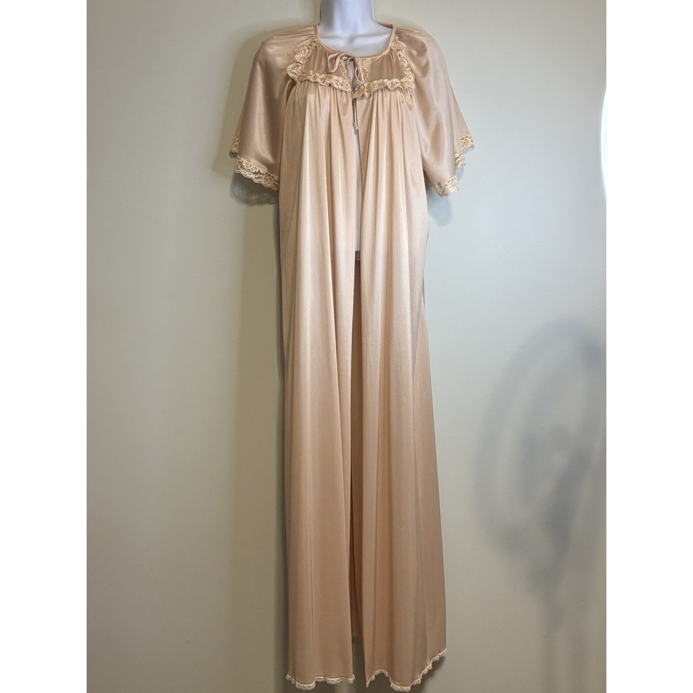 Peignoir Beige Ivory Nylon Lace Trim Robe Women's Vintage Sleepwear Cottagecore